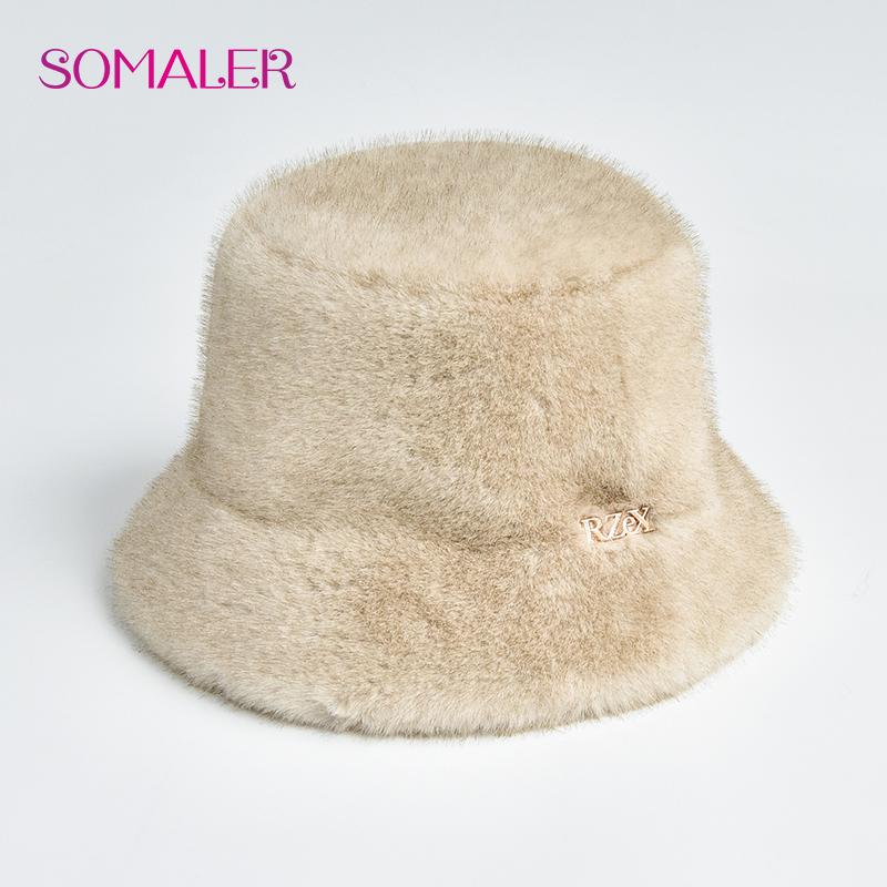 SOMALER Winter Faux Rabbit Fur Knitted Bucket Hats for Women Plain Color Warm Knitted Bucket Hats