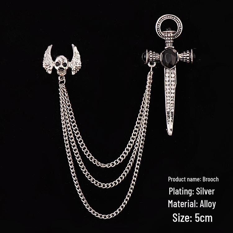 Black Gem Chain Fashion Brooch with Tassel for Men's Suit