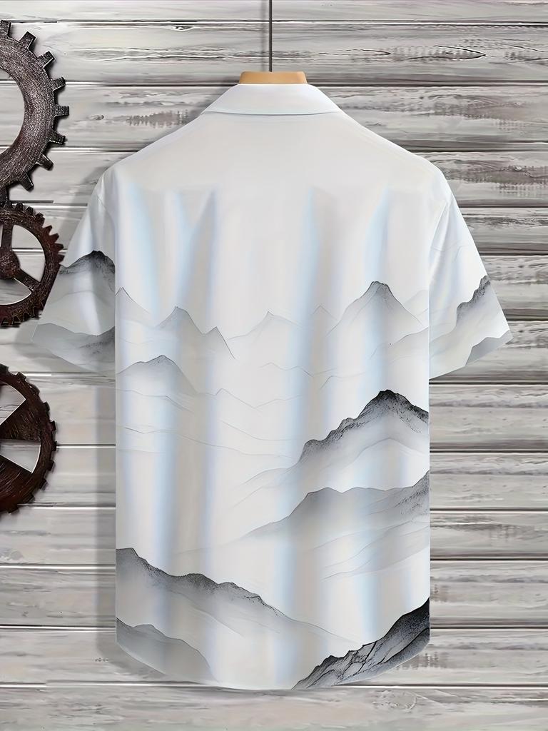 Men'S Landscape Painting Digital Print Short Sleeve Button-Up Shirt, Fiber, Summer Vacation And Casual Wear!