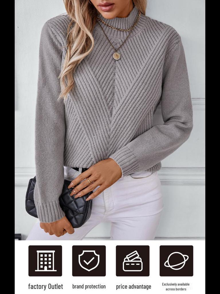 Drizzle Solid Color Half Turtleneck Pullover Women's Sweater - Autumn/Winter European & American Style Long-Sleeved Knitted Top