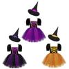 Kids Girls Witch Costume Halloween Cosplay Dress Glittery Mesh Tutu Dress with Pointed Hat Set for Carnival Party Dress Up Clothes