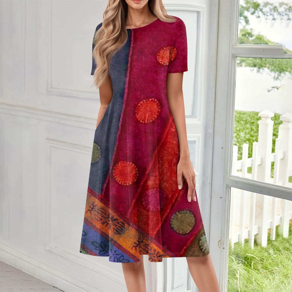 Women's Loose Casual And Fashionable Round Neck Short Sleeved Printed Mid Length Dress