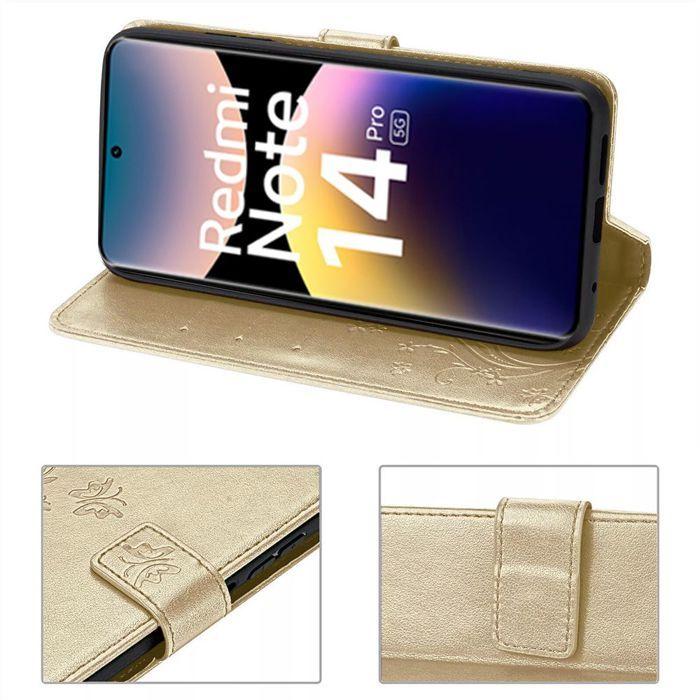 Coque pour Xiaomi Redmi Note 14 Pro 5G (pas pour 4G) Protection Cuir Synthétique Antichoc Doré Motif Papillon Fleurs