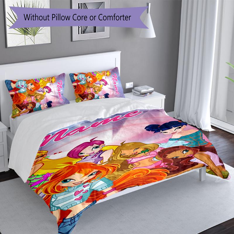 3pcs Custom Name Winx Club Bedding Set,Includes 1 Duvet Cover and 2 Pillowcases,All-season Bedroom Decor