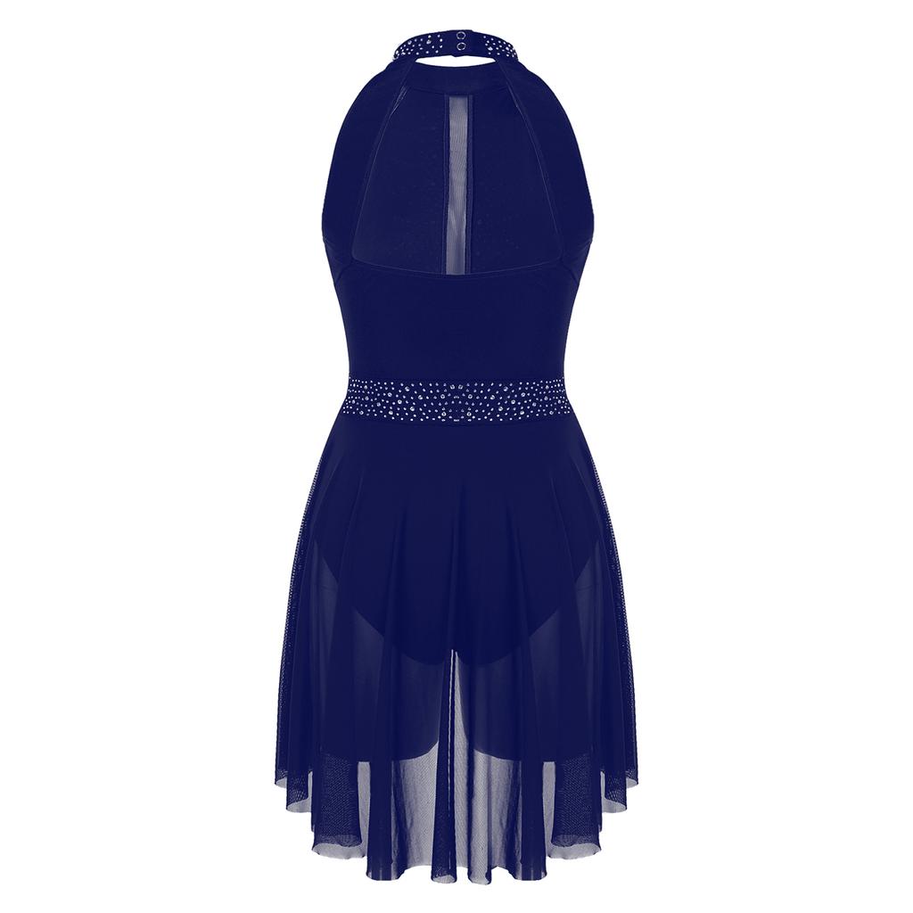 Женский балетный трико без рукавов с блестящими стразами, гимнастический балетный трико с лямкой на шее, лирический танцевальный костюм