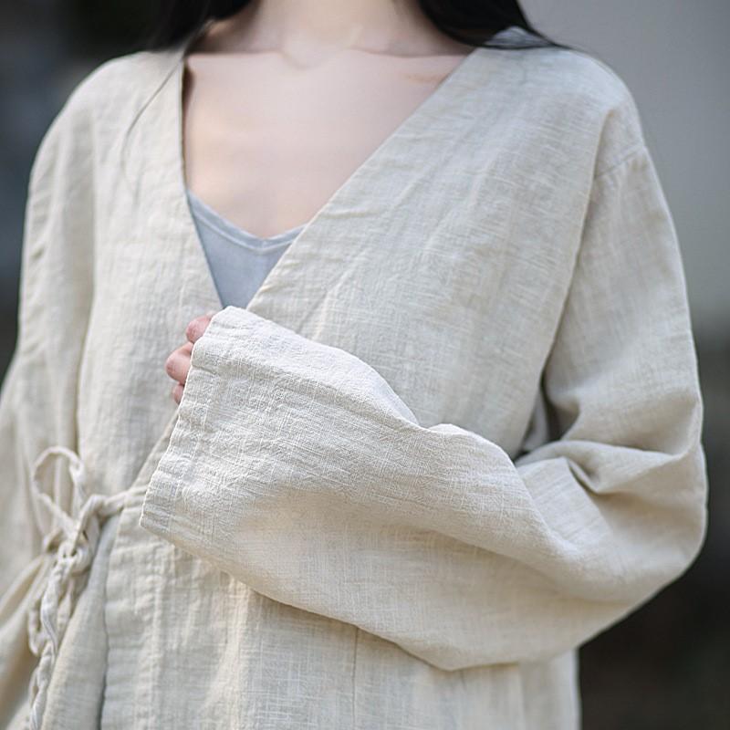 Johnature Women Chinese Style V-Neck Long Sleeve Autumn Solid Color Belt Coats