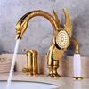 Tuqiu Gold Brass Swan Basin Faucet with Shower Head Bathroom Faucet Sink Mixer Tap Widespread Lavotory Faucet Sink Mixer