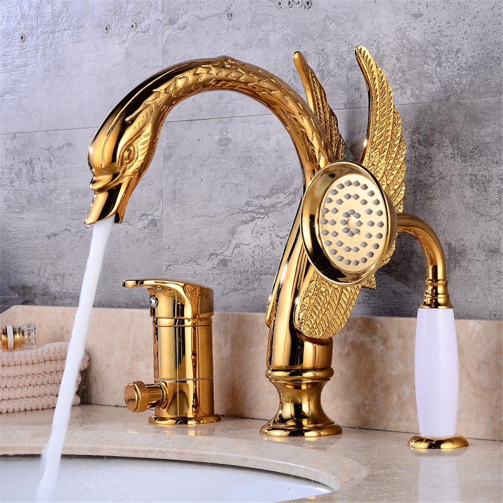 Tuqiu Gold Brass Swan Basin Faucet with Shower Head Bathroom Faucet Sink Mixer Tap Widespread Lavotory Faucet Sink Mixer