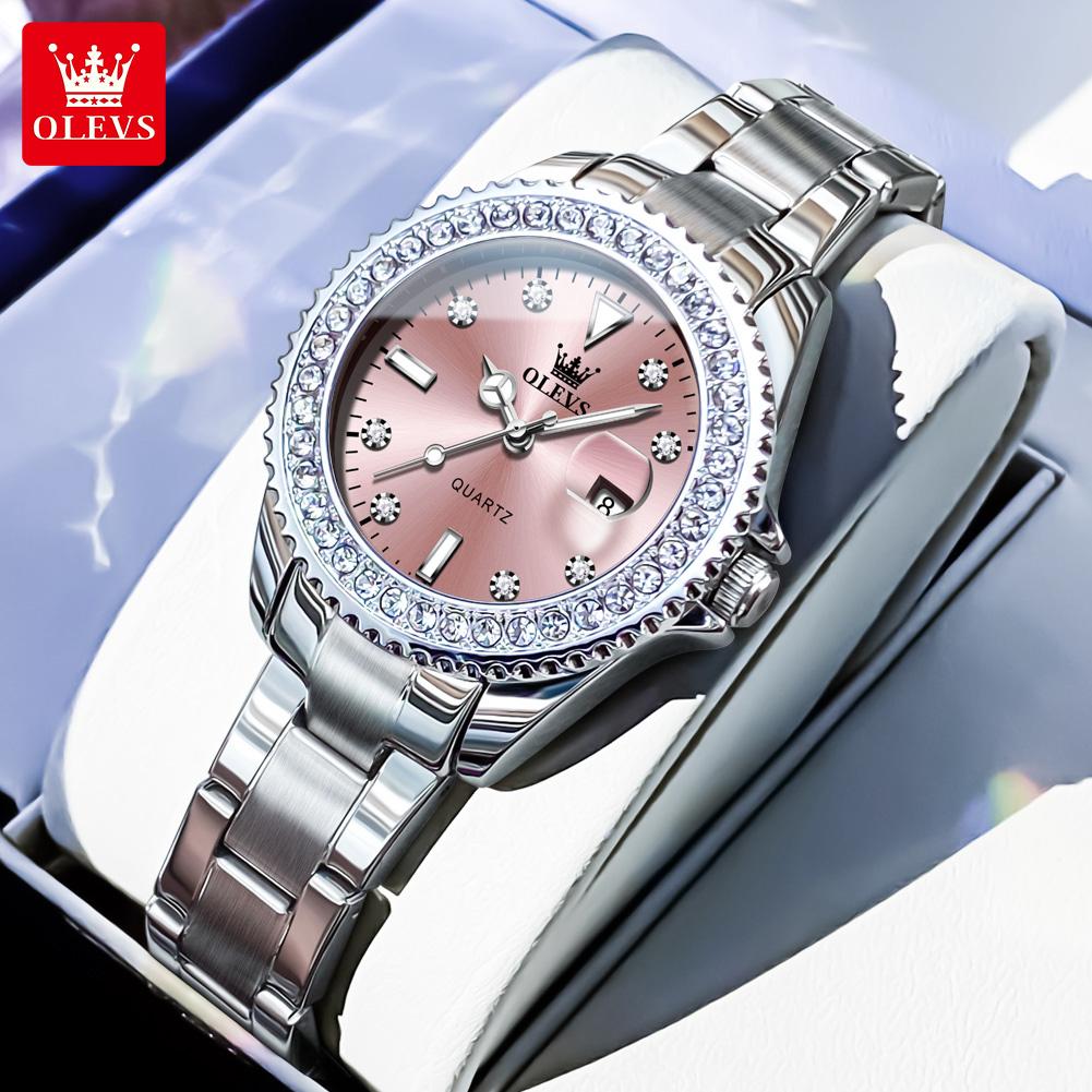 OLEVS Womens's Watches Trend Fashion Stainless Steel Original Quartz Wristwatch for Lady Big Date Diamond Bezel Waterproof New