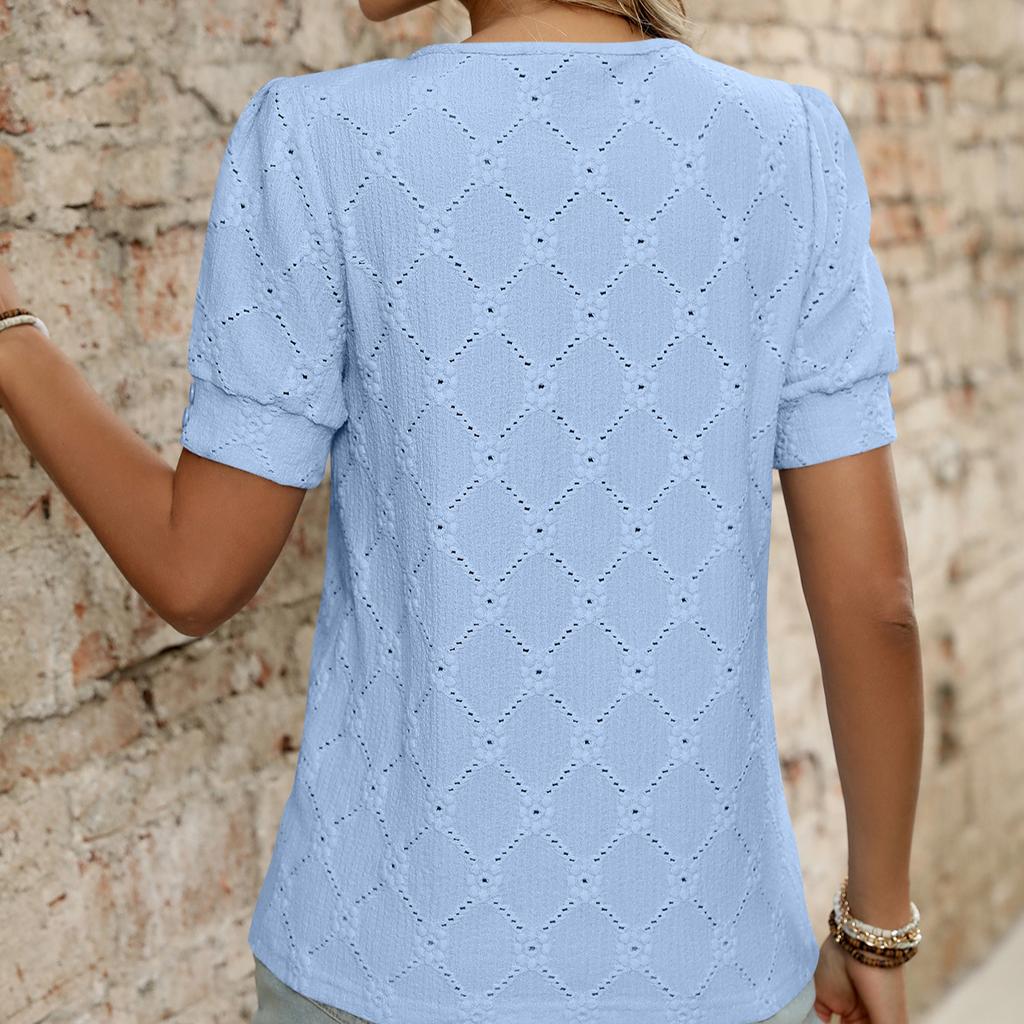 2025 Весна/Лето Новая однотонная футболка с круглым вырезом и коротким рукавом на пуговицах с открытыми плечами