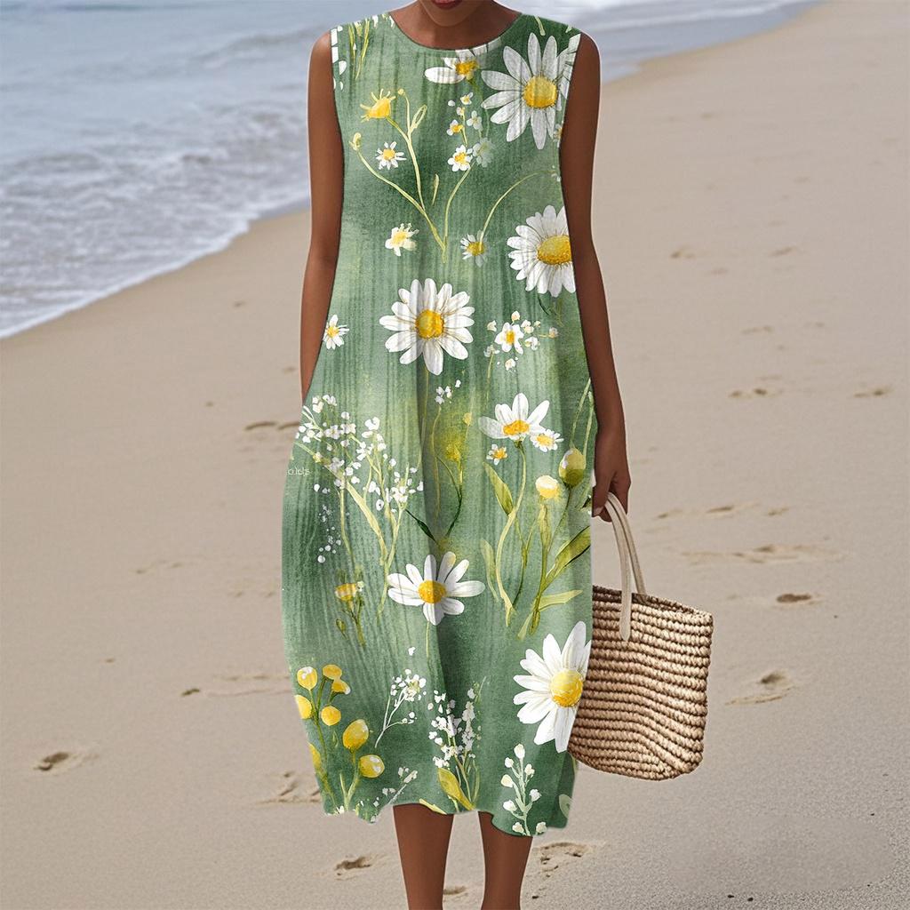 Women's Fashion Casual Sleeveless Round Neck Floral Elegant Temperament Dress