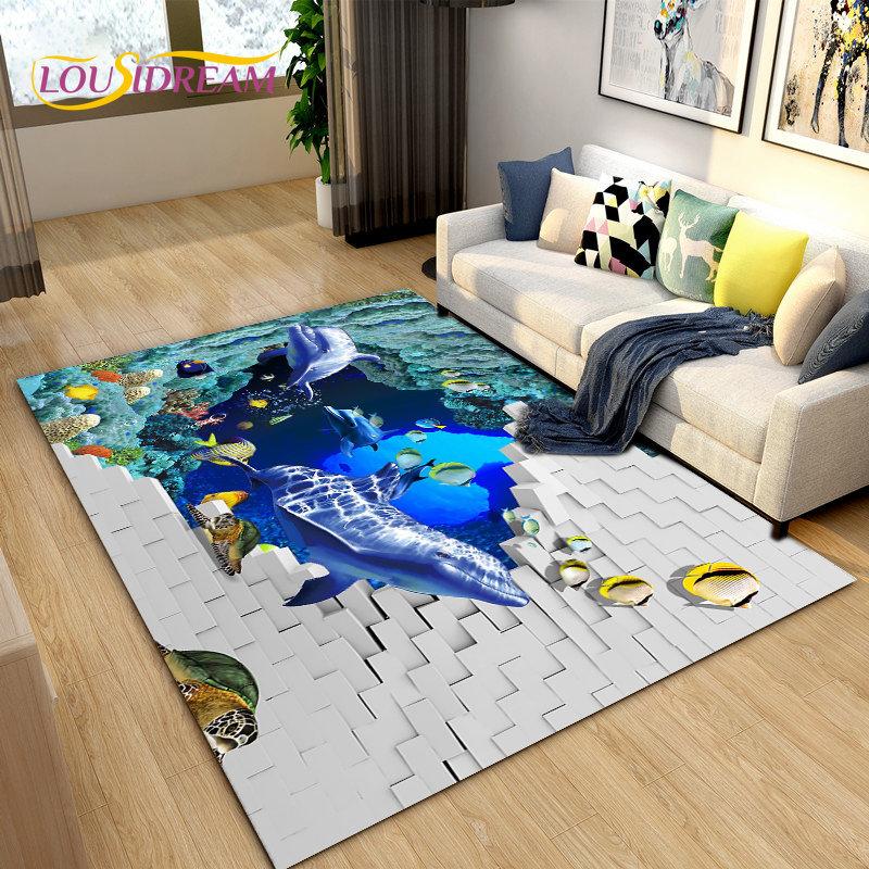 3D иллюзия морского дна, подводный мир, коврик с дельфином и акулой, коврик для гостиной, спальни, дивана, коврик, нескользящий напольный коврик