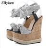 Eilyken Women's Summer Fashion New Platform Bow Lacing Design Fibre Fabric Feet Bare Lacing Wedge Sandal High Heeled Shoes