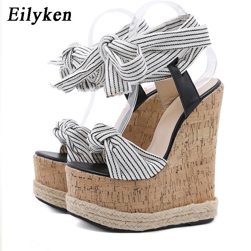 Eilyken Women's Summer Fashion New Platform Bow Lacing Design Fibre Fabric Feet Bare Lacing Wedge Sandal High Heeled Shoes