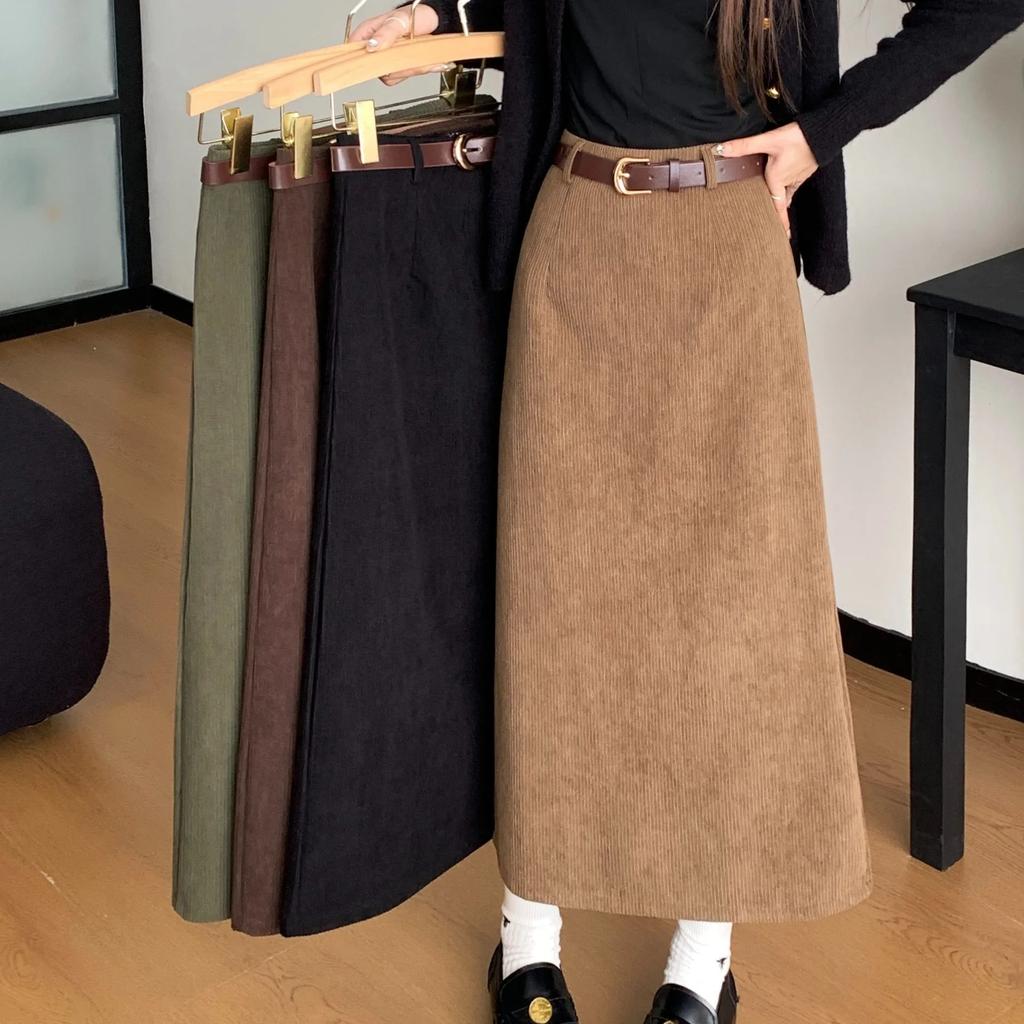 High Waist Slimming Retro Corduroy Midi Skirt Hip Concealing Straight Leg A- Line Wrap Around Skirt for Women Solid Color