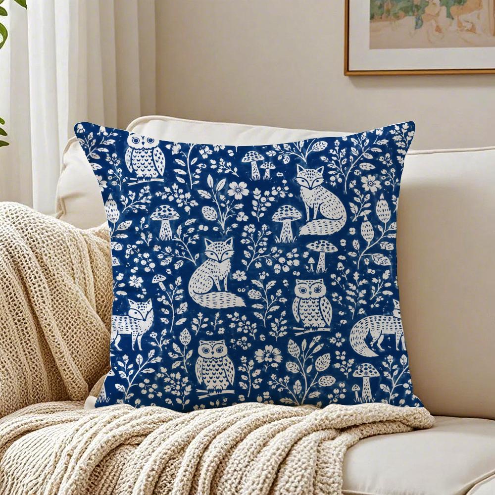Indigo Blue Block Birds Animals Pillow Case Organic Short Plush Cushion Covers Breathable Washable Wrinkle-Resistant