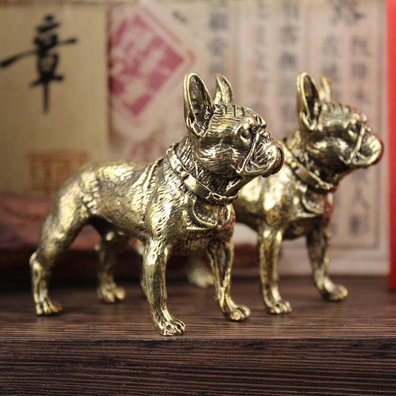 Mini Vintage Brass Bulldog Statue Metal Hunting Dog Figurine Home Office Desktop Decoration Lucky Copper Dog Small Ornament