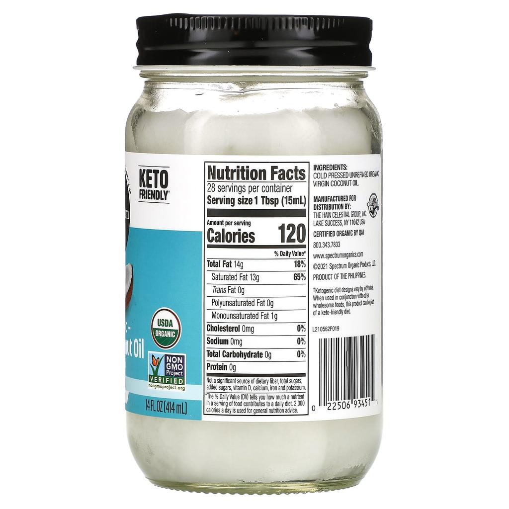 Spectrum Culinary Organic Virgin Coconut Oil, Unrefined, 14 Fl Oz (414 Ml)