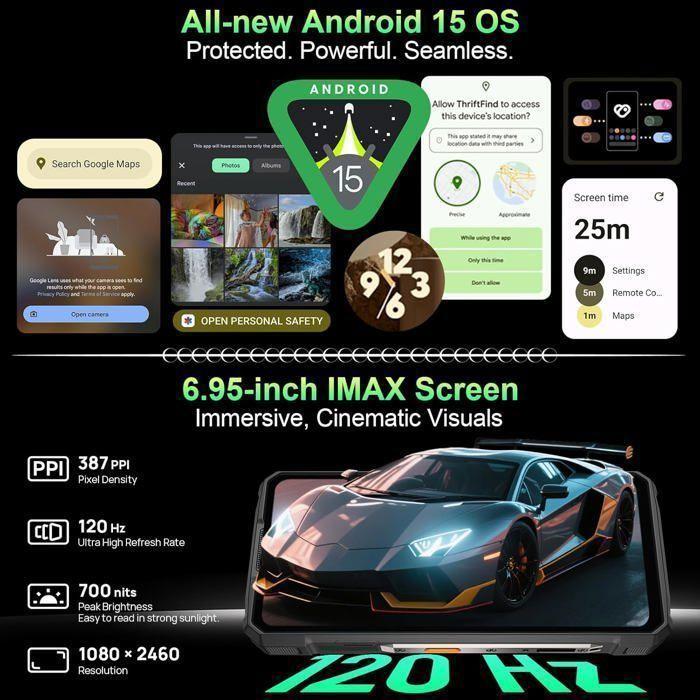 Неубиваемый мобильный телефон Ulefone Armor 33 24 ГБ + 512 ГБ 6,95" FHD+ 25500 мАч Смартфон Android 15 Dural SIM/64 МП/NFC/1100 Лм Черный