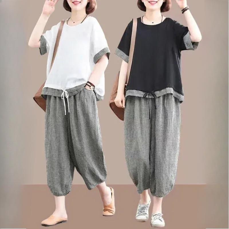 Женский костюм-двойка в стиле ретро, этнический, повседневный, летний, свободный, модный, клетчатый, сшитый костюм