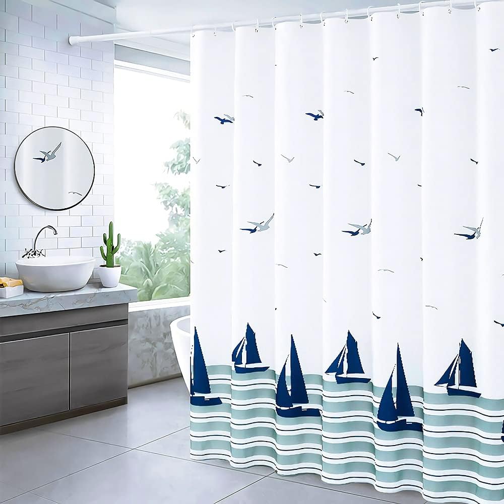 Xxuan Home 72 x 72 Тканевая шторка для душа для ванной комнаты, Водонепроницаемая шторка для душа в морском прибрежном стиле с крючками, Парусники