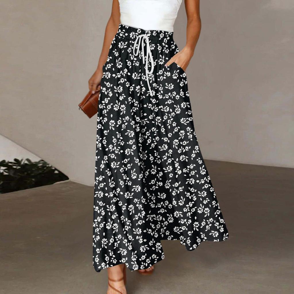 Женские широкие брюки с высокой талией, летние повседневные свободные брюки с карманами, пляжные брюки с принтом