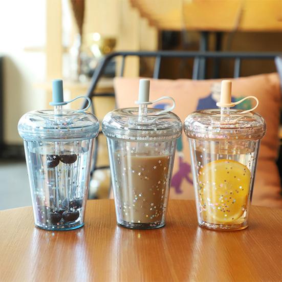 Герметичная чашка для холодного кофе, многоразовая прямая пипеточная чашка со встроенными соломинками, двухстенный изолированный стакан для холодного кофе, мультяшная чашка для питья