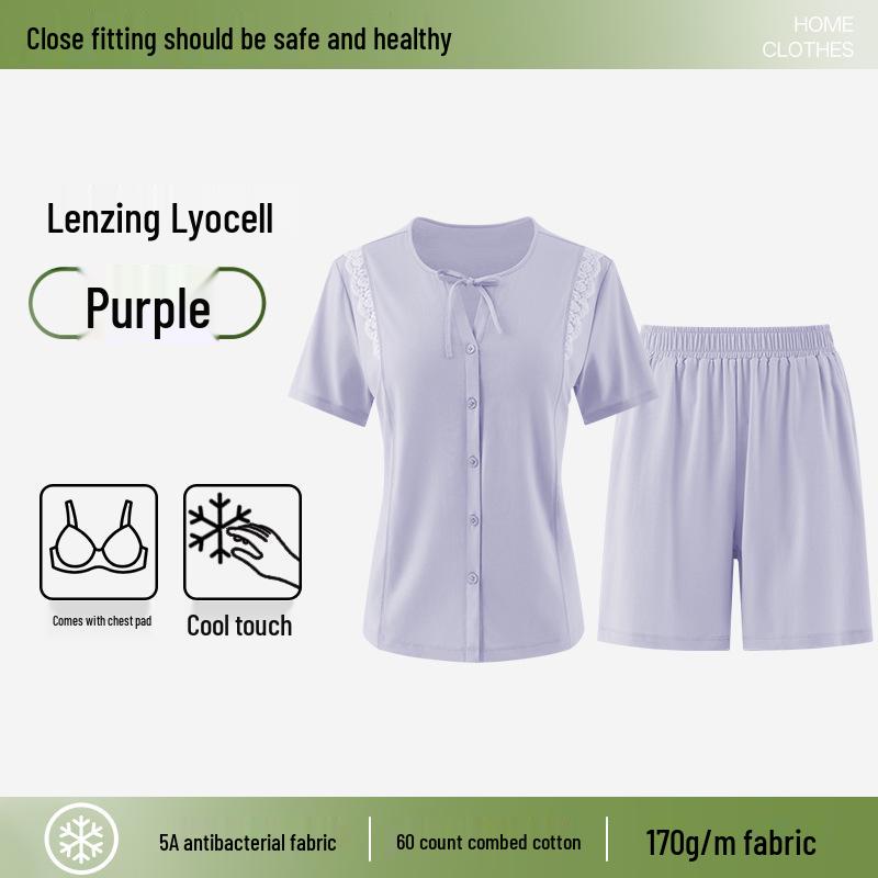 Women's Summer Antibacterial Cooling Pajama Set with Bra Pads - Short Sleeve & Shorts