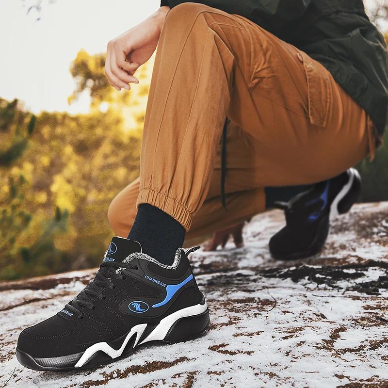 Модные зимние сноубутсы для улицы Мужская рабочая обувь с мехом Теплые ботильоны для улицы Нескользящие Мужские хлопковые ботинки Мужские водонепроницаемые сноубутсы