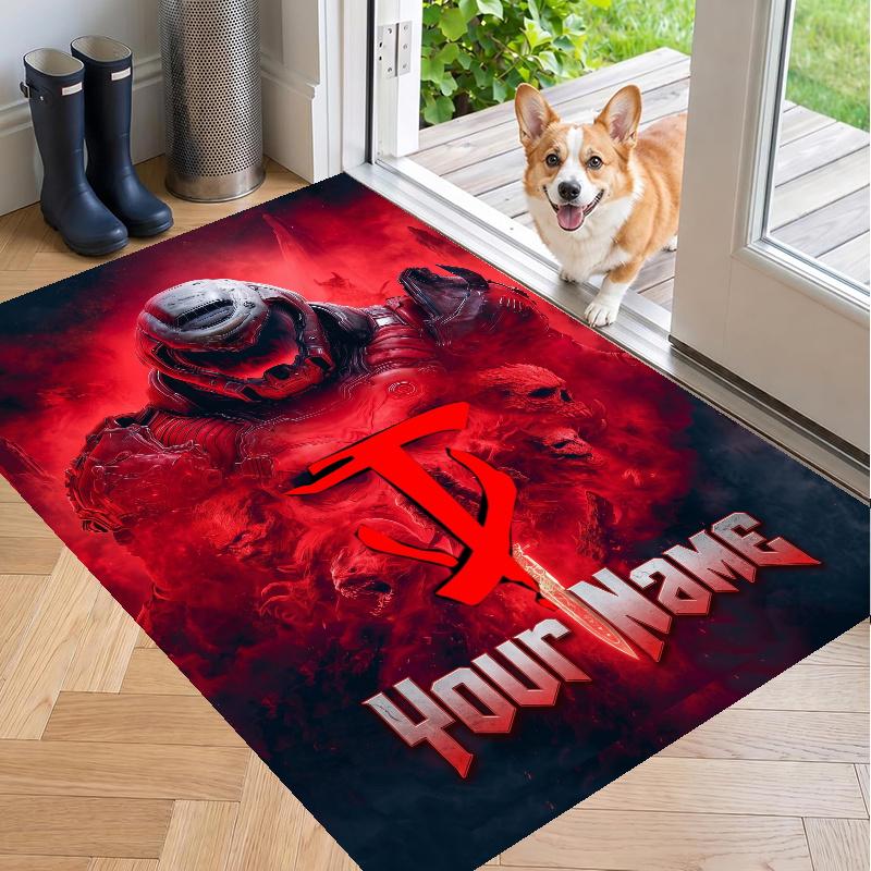 Custom Name DOOM Slayer Crystal Velvet Floor Rug Personalized Text Soft Carpet Home Decor