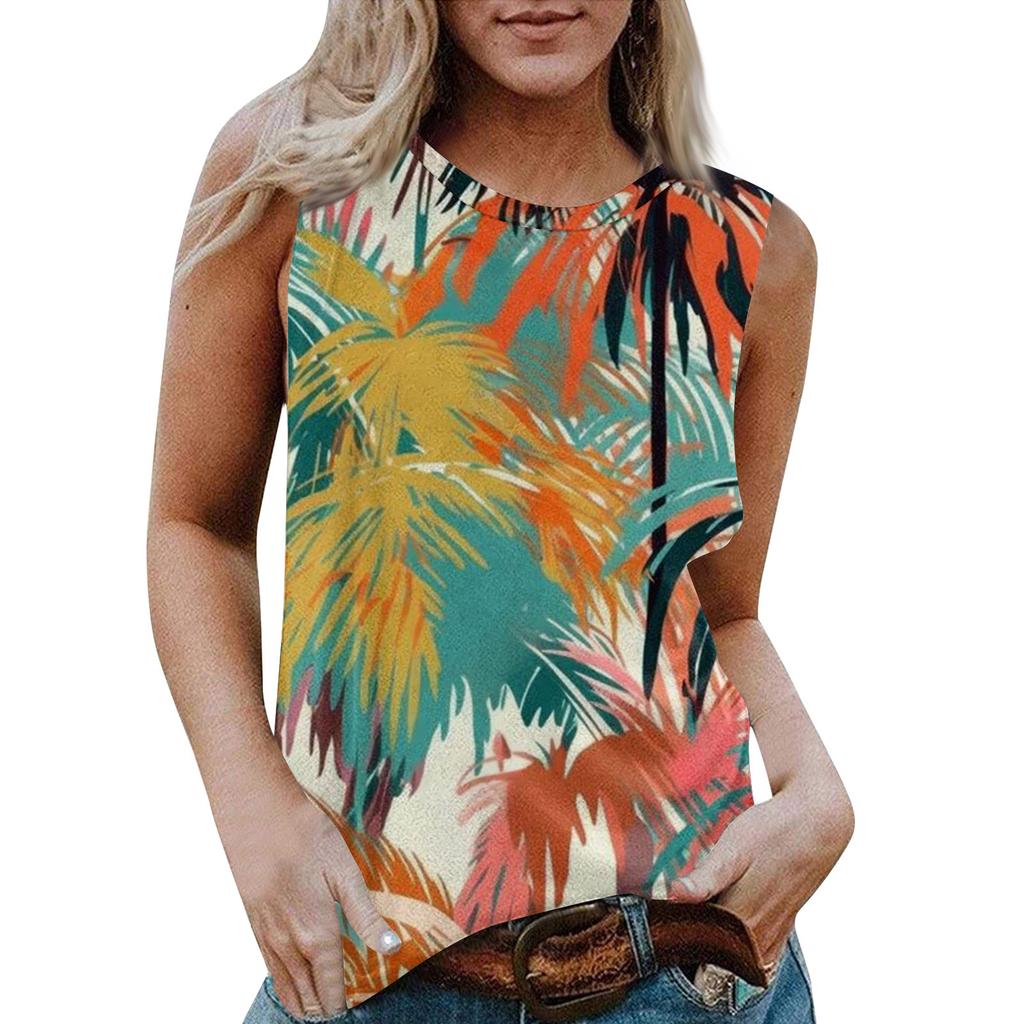 Женская повседневная футболка без рукавов с круглым вырезом и гавайским принтом