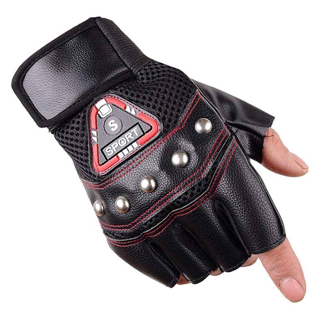 WHITE FANG NT100 Men's Fingerless Leather Cycling Gloves, Breathable Mesh, Road Bike MTB Riding Motorcycle Sports Gloves (Black)
