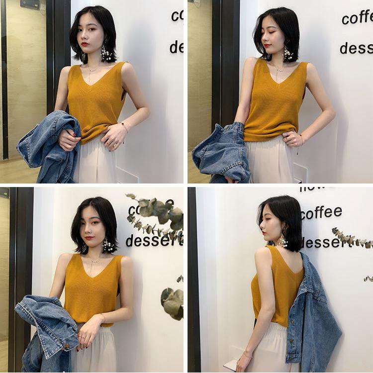 Летняя женская верхняя одежда без рукавов из ледяного шелка, вязаный свитер, свободная рубашка с v-образным вырезом, короткая нижняя рубашка, топ
