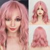 Women Fashion Short Wavy Wig with Bangs Synthetic Fiber Shoulder Length Pink Wig Daily Wear Cosplay