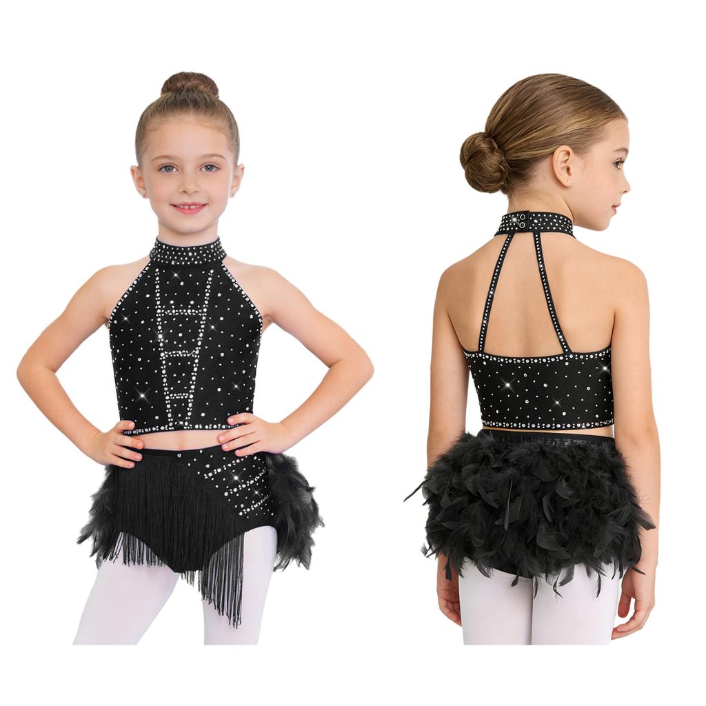 Блестящий костюм для танца с кисточками и перьями для девочек: Укороченный топ-халтер со спинкой на бретельках и юбка с эластичным поясом для сценического выступления