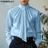 INCERUN Men High Neck Tie Up Ruffled Solid Shirts Casual Long Sleeve Tops