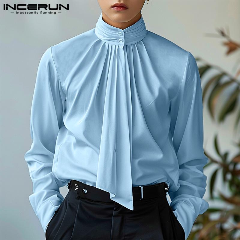 INCERUN Men High Neck Tie Up Ruffled Solid Shirts Casual Long Sleeve Tops