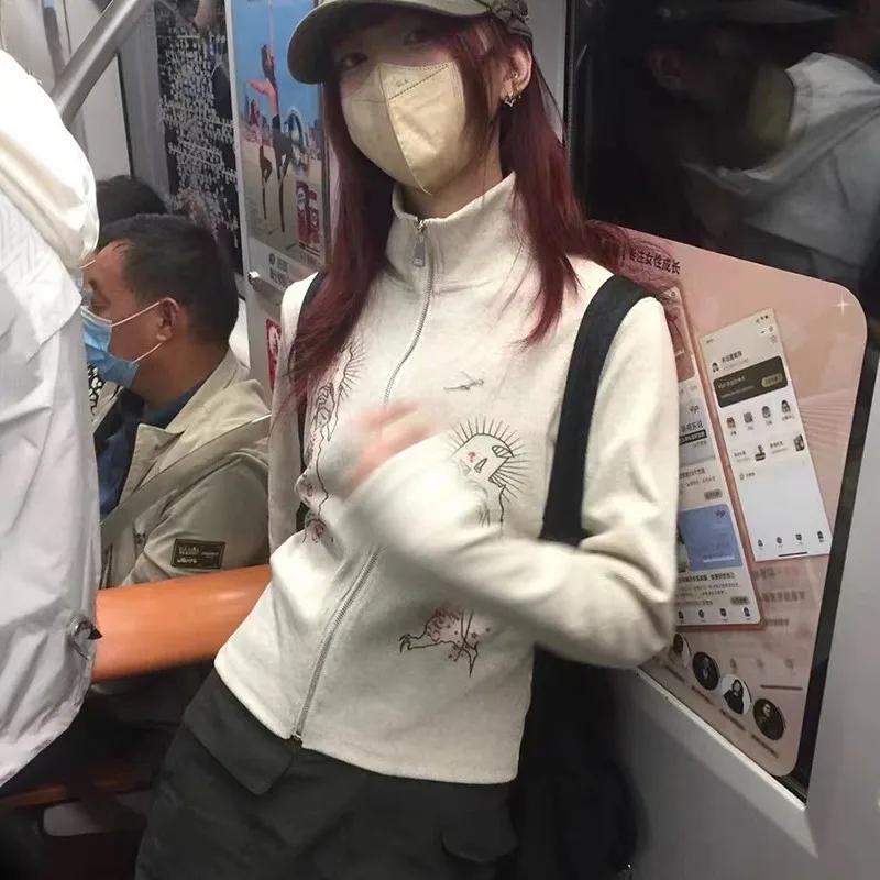 2KWEIRD Harajuku Turtleneck Cardigan Vintage Grunge Print Jacket Fairycore Y2k Ribbed Cardigans E-girl Graphic Clothes