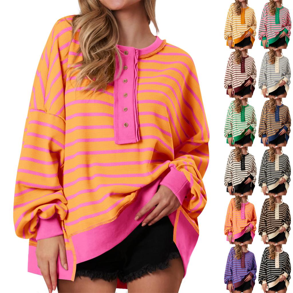 Women's Fashion Striped Round Neck Long Sleeve Button Top Color Blocked Pullover Sweatshirt Top