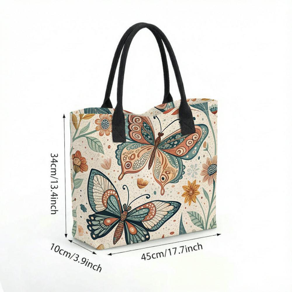 Boho Butterfly Floral Printed Canvas Tote Bag Casual Large Capacity Shoulder Handbag for Daily Use