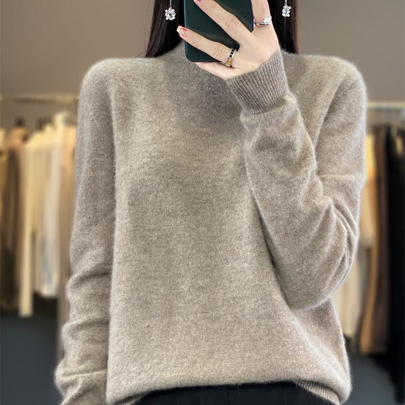 Women's Half-High Neck Wool Sweater Pullover - Loose Fit, Autumn/Winter Knitwear
