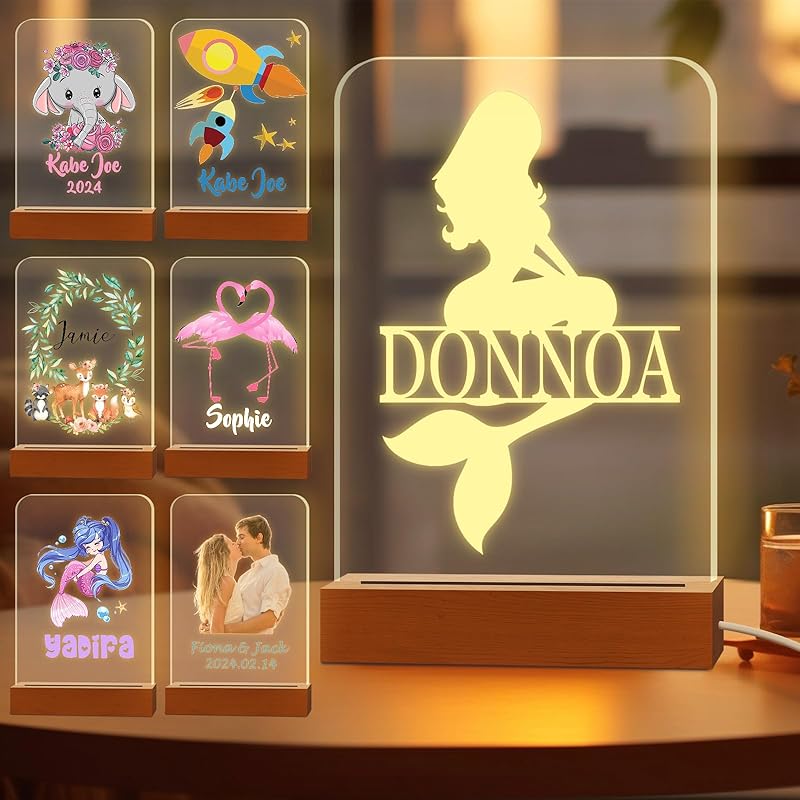 Персонализированный ночник для детей, выгравированное имя, акриловые светодиодные лампы с деревянной основой для детской спальни, декоративный ночник, индивидуальный день рождения