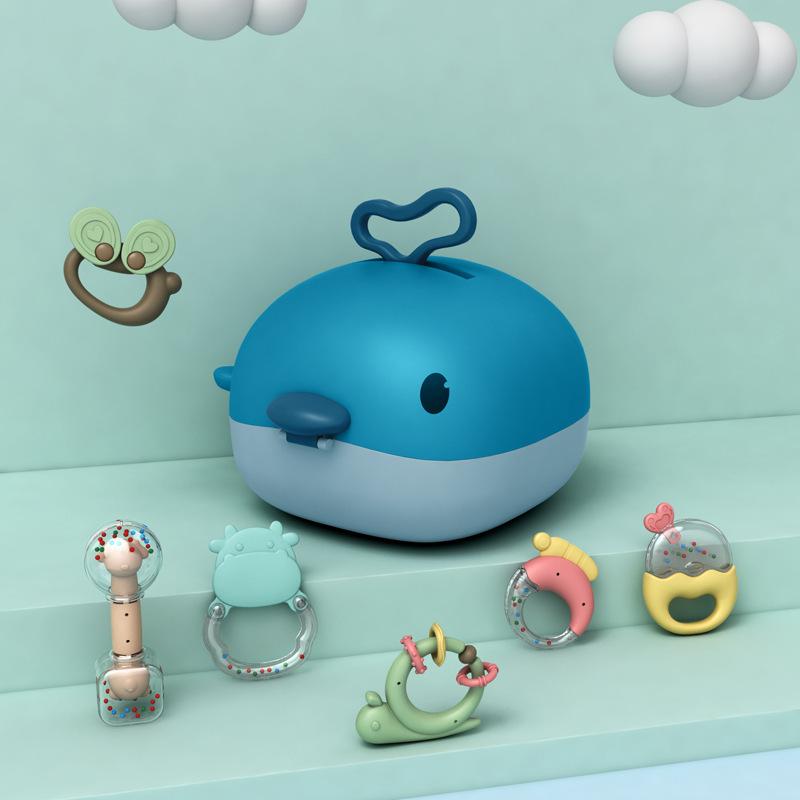 Детская игрушка, Набор погремушек в виде зубной пасты с китом, Мягкие моляры для кипячения, Ручное кольцо-колокольчик, Подарочная коробка для хранения.