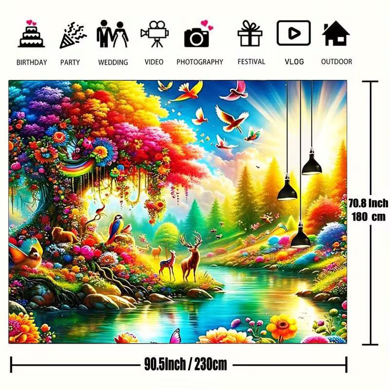 2D Fairy Tale Backdrop, Vibrant Forest with Rainbow Tree and Wildlife Background for Photoshoot