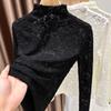 Black Lace Base Sweater for Women In Autumn and Winter Pattern Mesh Semi High Neck Thin Long Sleeved Shirt
