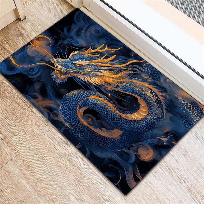 1 шт. Креативный коврик с принтом китайского дракона, противоскользящий коврик, 3D декоративный коврик с дизайном золотого чешуйчатого синего дракона, прочный, моющийся