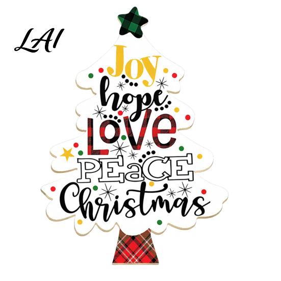 Christmas Desk Centerpiece Colorful Tree Tabletop Decor Wooden Plaid Patterned Xmas Signs with Gift for Friends Merry Greetings Farmhouse