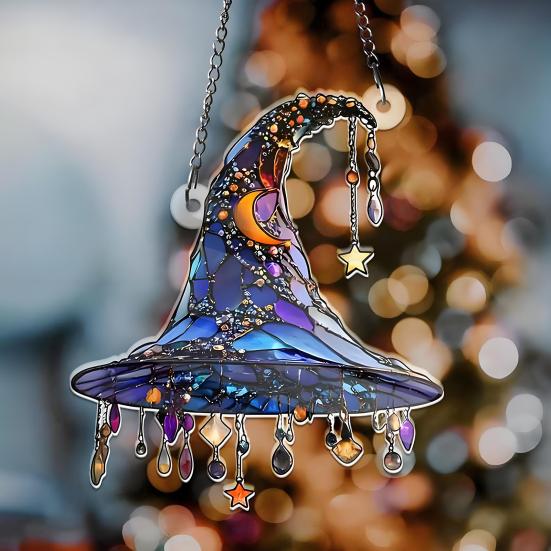 Witch Hat Hanging Ornament Sunlight Reflection 2D Acrylic Pendant Simulated Appearance Halloween Decoration