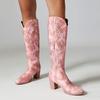 Осень и зима новые европейские и американские розовые длинные сапоги женские ретро вышитые квадратный носок толстый каблук высокая голенище ковбойские сапоги