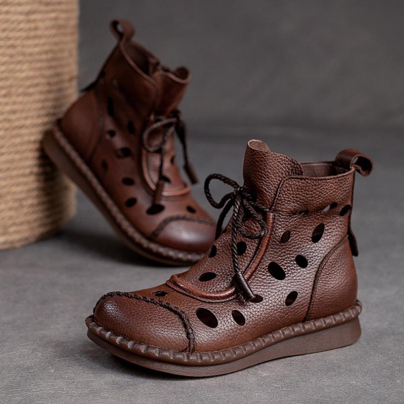 Johnature Women Shoes Summer Sandals Genuine Leather Round Toe Lace-up Handmade Retro Breathable Hollow-out Boots